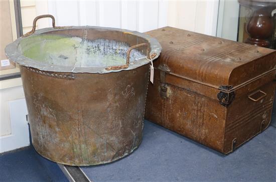 A copper copper and two tin trunks and sundries copper Diam. 68cm